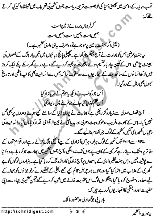 Yeh Mera Piyara Kashmir is an Article written By Mehwish Waqas about showing her support and unity with the people of Indian-occupied Kashmir, their ongoing freedom struggle, and to pay homage to Kashmiri martyrs who lost their lives fighting for Kashmir’s freedom , Page No. 3