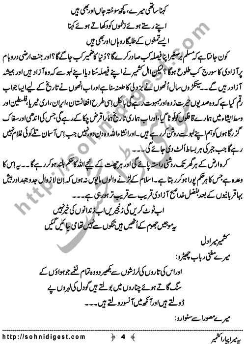 Yeh Mera Piyara Kashmir is an Article written By Mehwish Waqas about showing her support and unity with the people of Indian-occupied Kashmir, their ongoing freedom struggle, and to pay homage to Kashmiri martyrs who lost their lives fighting for Kashmir’s freedom , Page No. 4