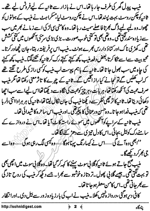 Panahgah is a short Urdu story written by Fozia Ahsan Rana about a foolish wife who destroyed her happy married life with her own hands, Page No. 2
