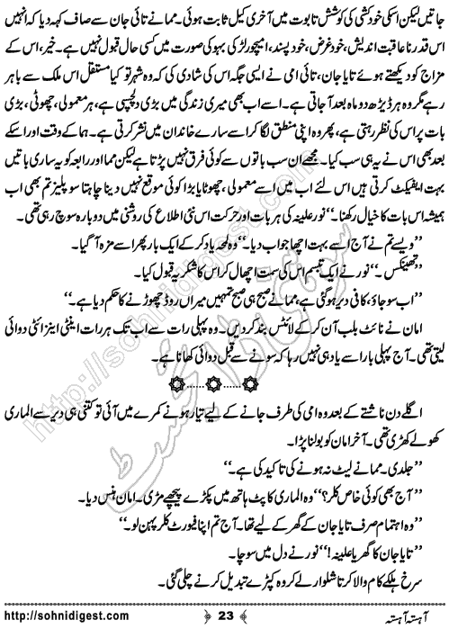 Aahista Aahista Urdu Romantic Novel by Aasiya Raees Khan , Page No. 23