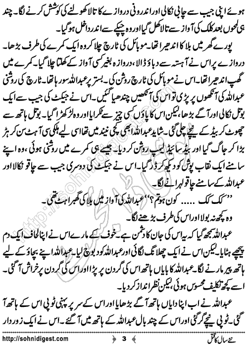 Naye Saal Ka Qatal is a Crime Story written by Ahmad Nauman Sheikh about a mysterious murder case happened at New Year night, Page No.3
