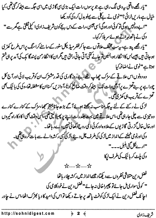 Shareef Zadi is a Short Story written By Ahmad Sajjad Babar about one night when a lonely woman wandering around the streets,    Page No. 2