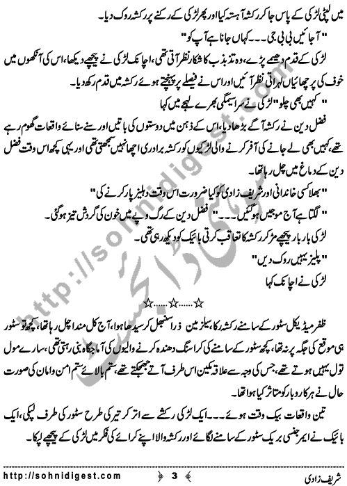 Shareef Zadi is a Short Story written By Ahmad Sajjad Babar about one night when a lonely woman wandering around the streets,    Page No. 3