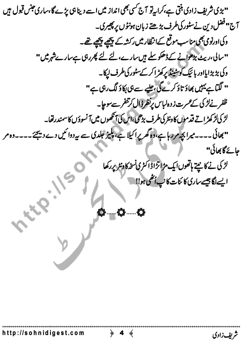 Shareef Zadi is a Short Story written By Ahmad Sajjad Babar about one night when a lonely woman wandering around the streets,    Page No. 4