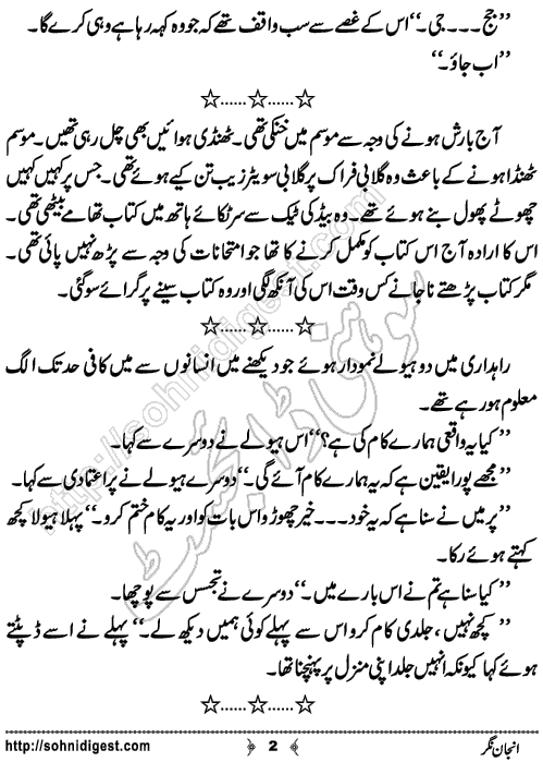 Anjan Nagar is a mystery Story written by Aleena Khan about a mysterious journey of a young girl toward unknown fairylands, Page No.2