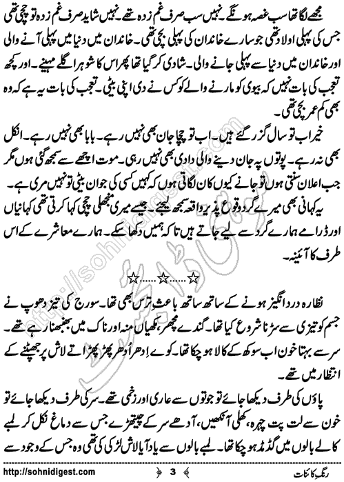 Rang e Kainat is a Short Urdu Story written by Bint e Sadiq about the social issue of domestic abuse and violation of woman rights, Page No. 3