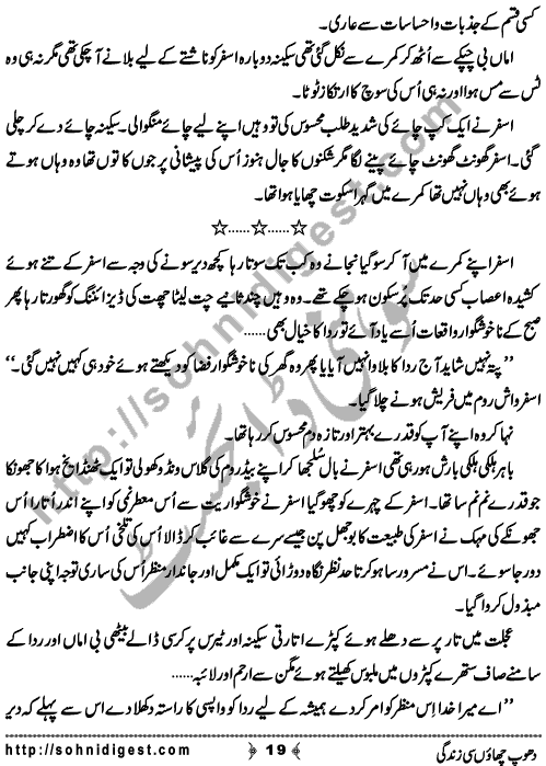 Dhoop Chaon Si Zindagi is a Novelette written By Fozia Ahsan Rana about a loving and kind heart woman who wants to help poor and needy people so she joined an NGO but life taught her a different lesson ,    Page No. 19