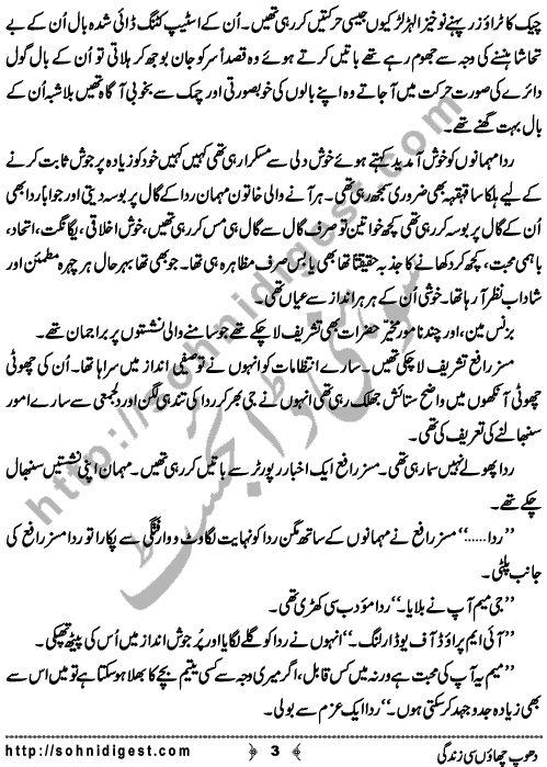 Dhoop Chaon Si Zindagi is a Novelette written By Fozia Ahsan Rana about a loving and kind heart woman who wants to help poor and needy people so she joined an NGO but life taught her a different lesson ,    Page No. 3