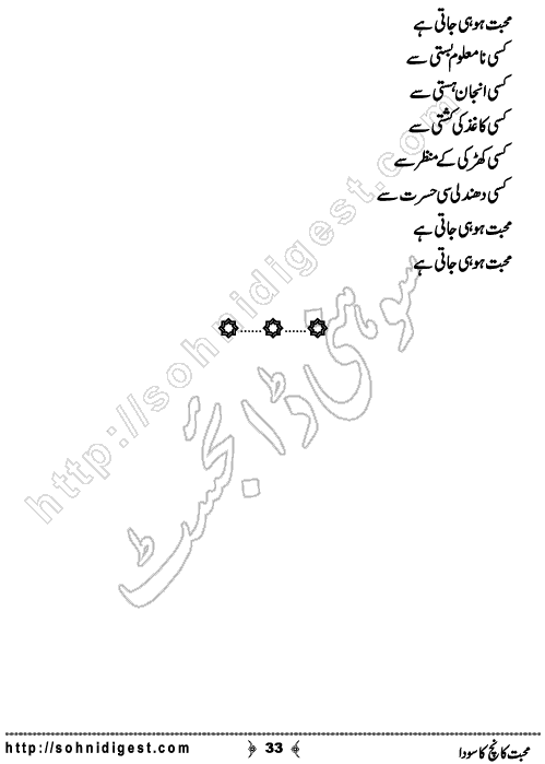 Mohabbat Kanch Ka Soda is a Novelette by Hina Yasmeen about some different shade of love and sacrifice ,  Page No.33
