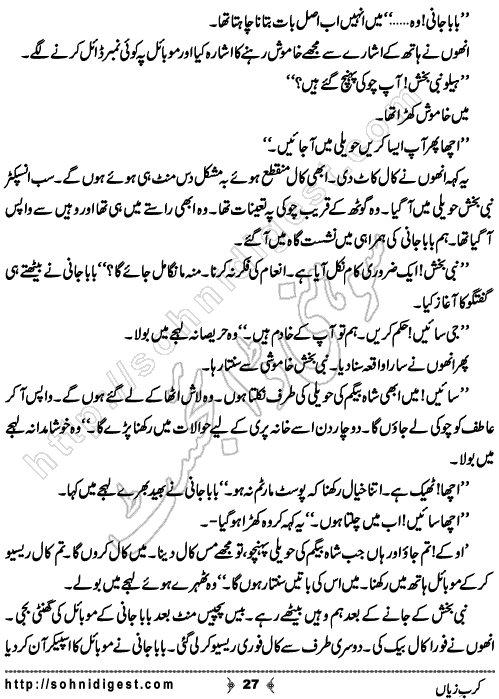 Karb e Ziyaan is a Novelette by Ijaz Ahmad Raheel about a bloody quarrel of two families in which many deaths was occurs only because of some misunderstandings,    Page No. 27