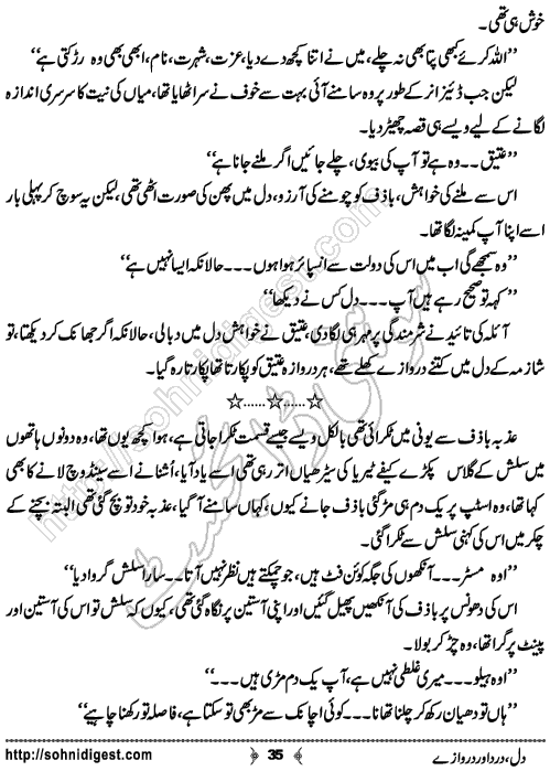 Dil Dard Aur Darwaze is an Urdu Novelette written by Misbah Ali Syed about a young and beautiful wife. Her husband left her alone to marry a rich girl for upgrading his life ,  Page No. 35