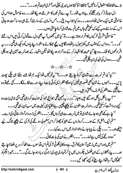 Her Dil Pe Likha Ik Nam Hai is an Urdu Romantic Novel by Nasir Hussain about a young cricketer who fell in love with a female player of his opponent team ,  Page No. 41