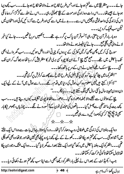 Her Dil Pe Likha Ik Nam Hai is an Urdu Romantic Novel by Nasir Hussain about a young cricketer who fell in love with a female player of his opponent team ,  Page No. 46