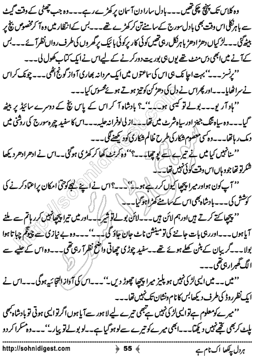 Her Dil Pe Likha Ik Nam Hai is an Urdu Romantic Novel by Nasir Hussain about a young cricketer who fell in love with a female player of his opponent team ,  Page No. 55