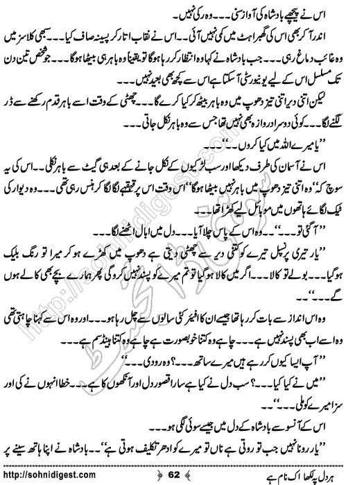 Her Dil Pe Likha Ik Nam Hai is an Urdu Romantic Novel by Nasir Hussain about a young cricketer who fell in love with a female player of his opponent team ,  Page No. 62