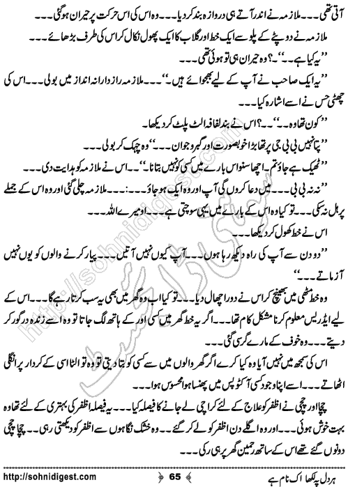 Her Dil Pe Likha Ik Nam Hai is an Urdu Romantic Novel by Nasir Hussain about a young cricketer who fell in love with a female player of his opponent team ,  Page No. 65