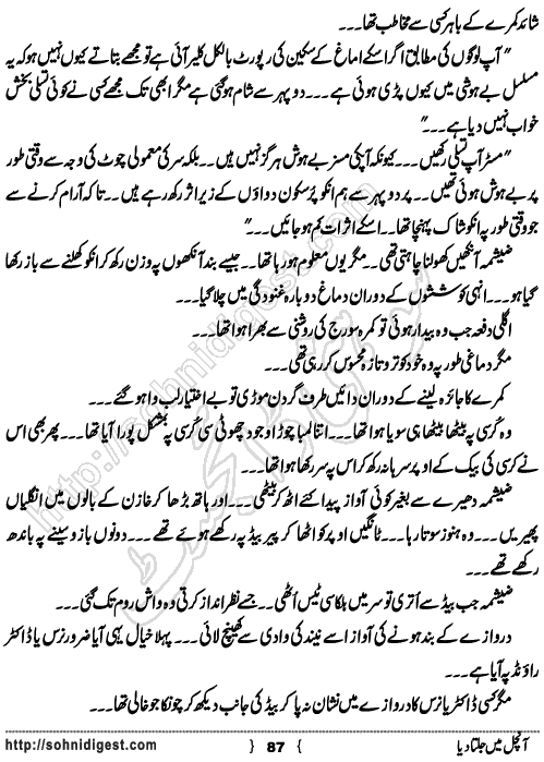 Aanchal Mein Jalta Diya is an Urdu Romantic Novel written by Neelam Riasat about the life difficulties of a young widow ,  Page No. 87