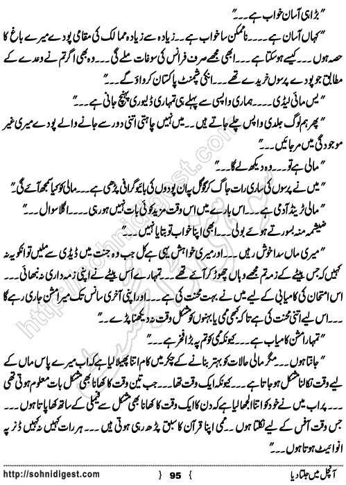 Aanchal Mein Jalta Diya is an Urdu Romantic Novel written by Neelam Riasat about the life difficulties of a young widow ,  Page No. 95