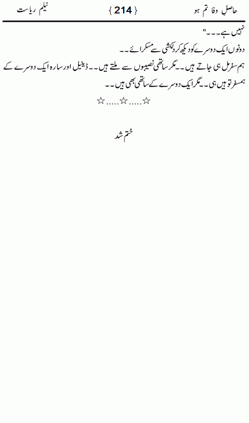 Hasil e Wafa Tum Ho is a Romantic Urdu Novel written by Neelam Riasat about a kind hearted girl which love and patience bring back peace and happiness in her married life,Page No.214