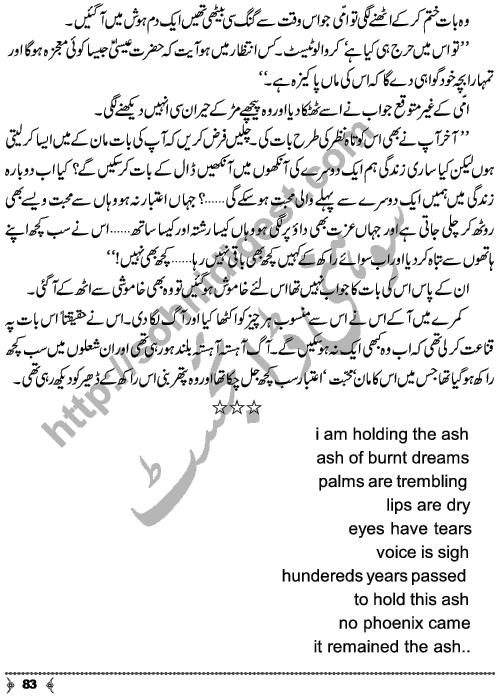 Dayar-e-Dasht Ka Dia by Rahila Jabeed Badar is a full length Social Romantic Novel. Page No.  83