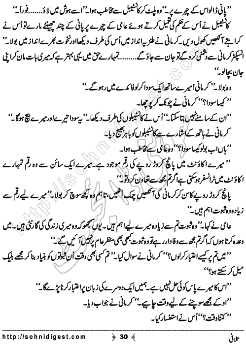 Talafi is a Crime Story by Razzaq Shahid Kohler on the topic of terrorism in Karachi city. A target killer want to save his life but his crime partners wished to kill him,    Page No. 30