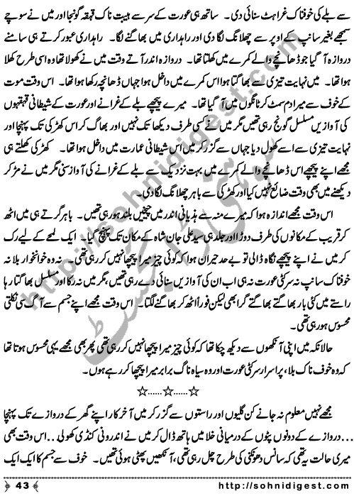 Zulmat Kada is a Horror and Mystery Novel written by Dr Sabir Ali Hashmi about a thief who entered in a haunted house for saving his life but there he encountered with ghosts and witches where the hair raising situation and spine chilling events make his night really gruesome, Page No. 44