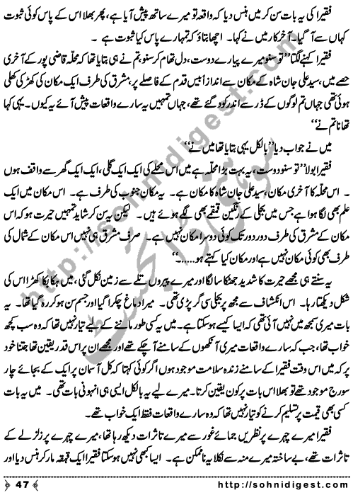 Zulmat Kada is a Horror and Mystery Novel written by Dr Sabir Ali Hashmi about a thief who entered in a haunted house for saving his life but there he encountered with ghosts and witches where the hair raising situation and spine chilling events make his night really gruesome, Page No. 48