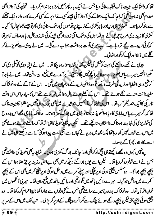 Zulmat Kada is a Horror and Mystery Novel written by Dr Sabir Ali Hashmi about a thief who entered in a haunted house for saving his life but there he encountered with ghosts and witches where the hair raising situation and spine chilling events make his night really gruesome, Page No. 70