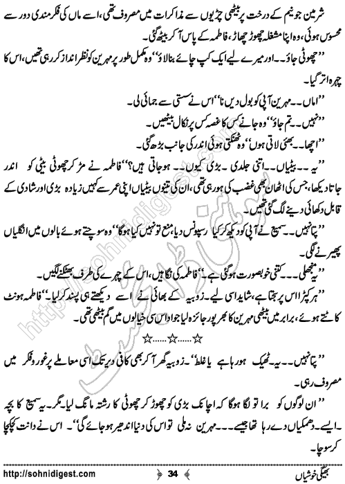 Bheegi Khushiyan is an Urdu Novelette by Sadaf Asif about a young man. The difficulties of life made him more mature than his age ,  Page No. 34