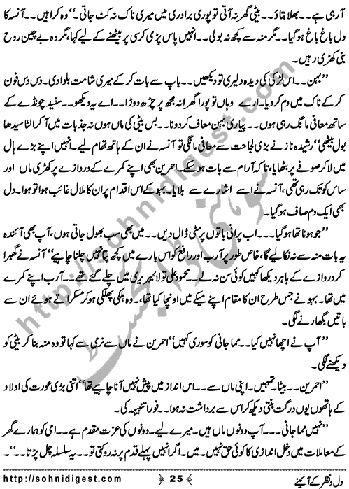 Dil o Nazar Ke Aaieny is a Novelette written By Sadaf Asif about the wrong concept of Susral (in laws) in our society which horrified innocent girls so much that they feel difficulty to adjust there and owned them as their own family,    Page No. 25