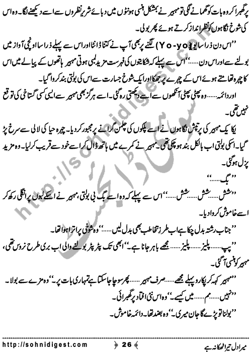 Mera Dil Tera Thikana He is a Novelette written By Samia Obaid about the two real brothers who have some conflict between them and their quarrel also affect their children  ,  Page No. 26