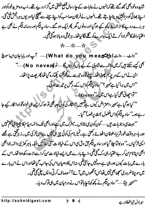 Mera Dil Tera Thikana He is a Novelette written By Samia Obaid about the two real brothers who have some conflict between them and their quarrel also affect their children  ,  Page No. 8