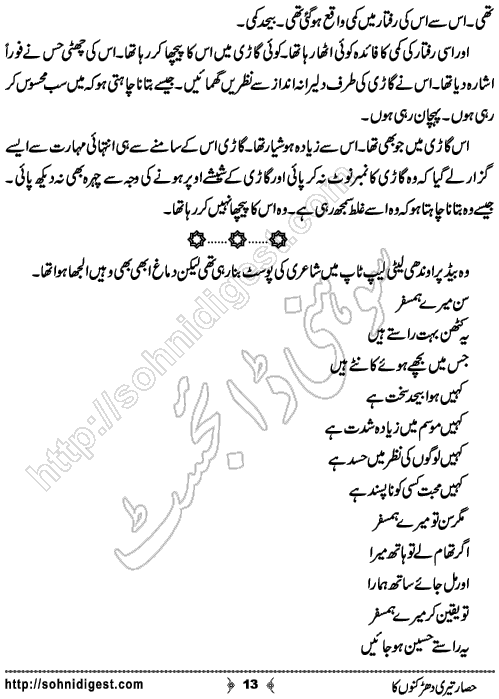 Hisar Teri Dharkano Ka Urdu Novelette by Shahzadi Hifsa , Page No. 13