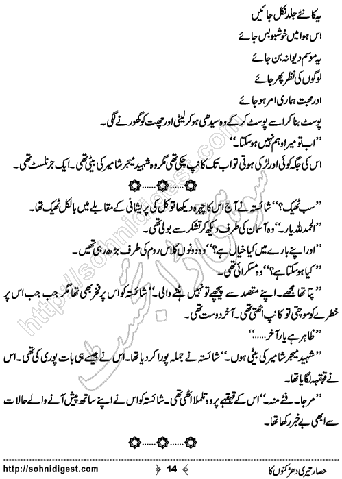 Hisar Teri Dharkano Ka Urdu Novelette by Shahzadi Hifsa , Page No. 14