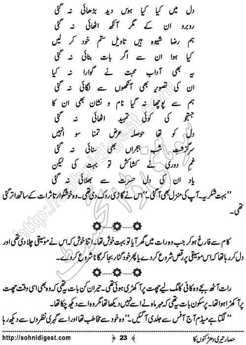 Hisar Teri Dharkano Ka Urdu Novelette by Shahzadi Hifsa , Page No. 23