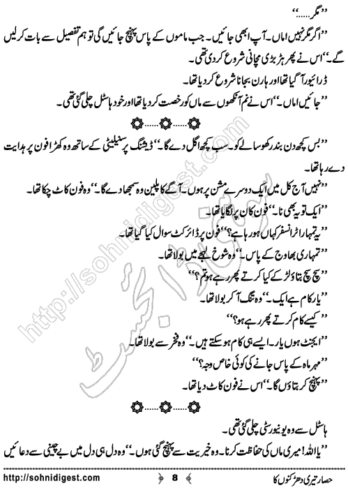 Hisar Teri Dharkano Ka Urdu Novelette by Shahzadi Hifsa , Page No. 8