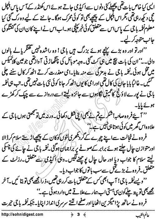 Aalim ul Ghaib is a Short Urdu Story written by Sheeza Khan about the problem of increasing number of fraud peers in our society,Page No.3