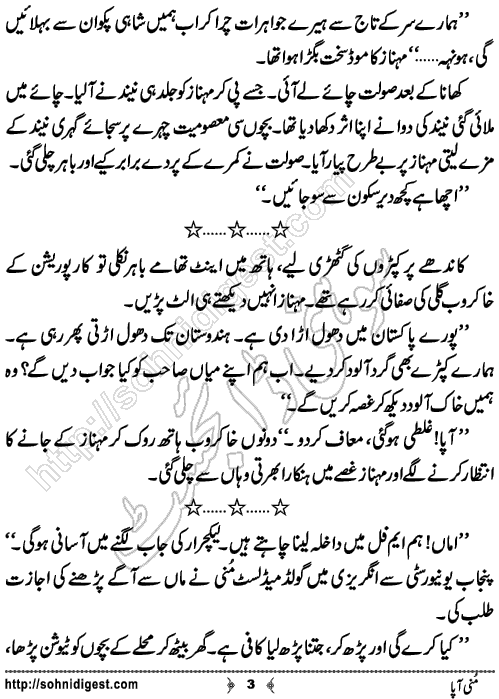 Munni Aapa is a Short Urdu Story written by Tanzila Yousaf about the difficulties of a mentally ill homeless woman,Page No.3