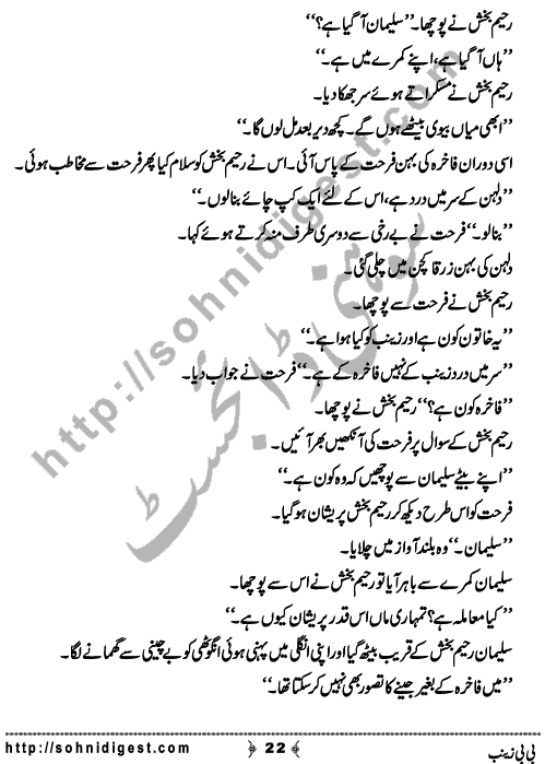 Bibi Zainab is a Social Romantic Novel written By Wajiha Sehar about a faithful poise woman,   Page No. 22