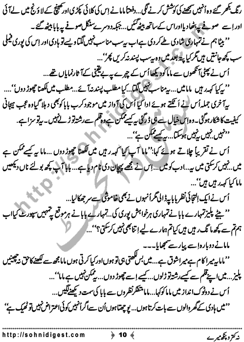 Na Katro Pankh Mere is a Novelette written By Yumna Akhtar about our society’s double standards which did not allowed a girl to become a writer and she had to sacrifice her passion just for the sake of her in-laws so called honor,  Page No. 10