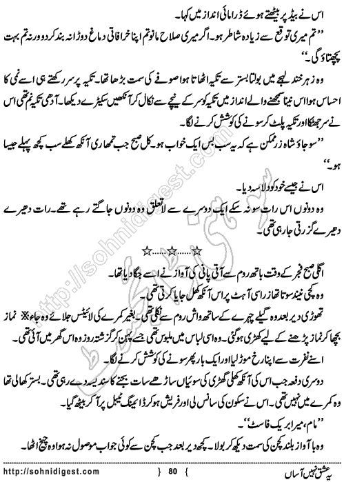 Yeh Ishq Nahi Asaan is an Urdu Romantic Novel written by Zarneela Khan about the love story of a News reporter girl,  Page No. 80