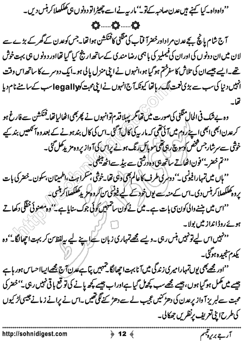 R J Bareera Tabassum is an Urdu Romantic Novel by Zarqa Bhatti about the beautiful love story of a Radio Jockey Bareera ,  Page No. 12