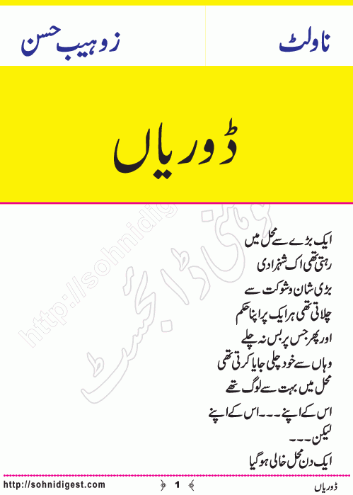 Doriyan is an Urdu Novelette written by Zuhaib Hassan about the heart touching Diary written by a sensitive young girl,Page No.1